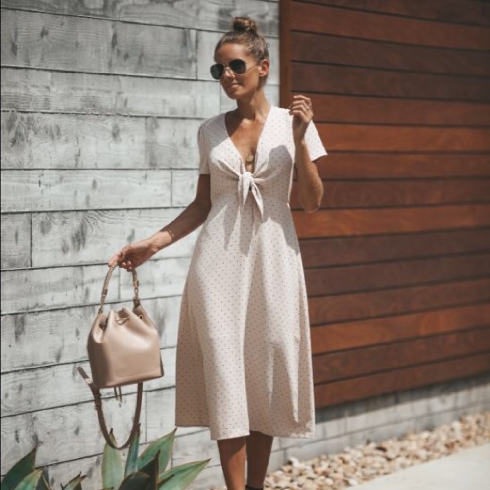Beige front tie midi dress with black polka dots